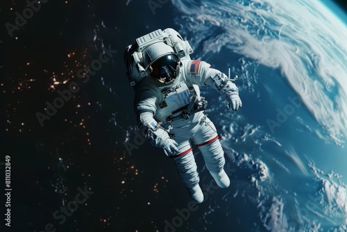 An astronaut floating in space with Earth in the background  illustrated in a hyperrealistic style with room for a motivational message