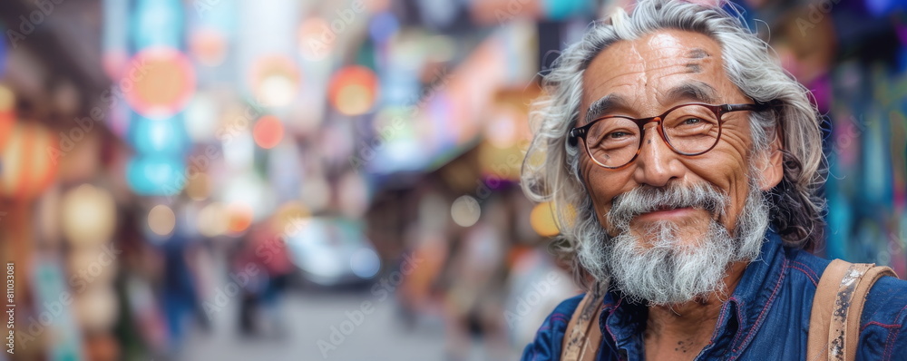 Grey bearded Asian man smiles walking along large city street. Elderly male immigrant enjoys relocation to foreign country megapolis.