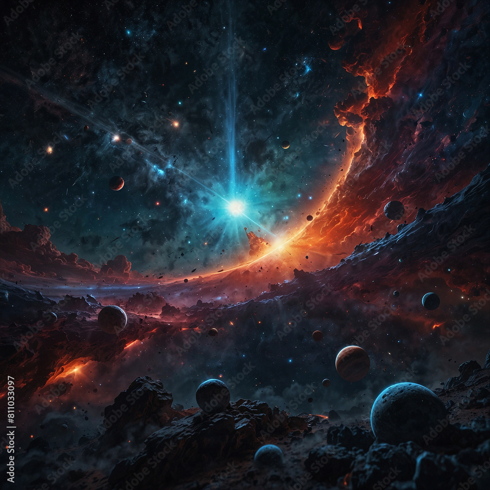 Fototapeta premium Surreal Space Landscape with Astronauts and Planets