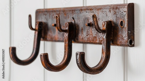 Old empty rustic kitchen hook rack mounted on a wood wall. Wood mounted metal hooks for hanging kitchen utensils, hats, coats. Country or industrial, retro loft style decoration
