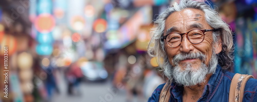 Grey bearded Asian man smiles walking along large city street. Elderly male immigrant enjoys relocation to foreign country megapolis. © Bonsales