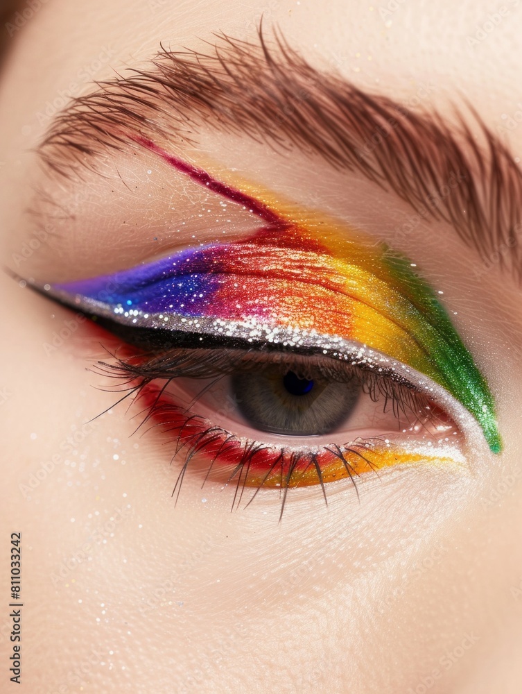 Fototapeta premium Vibrant Rainbow Winged Eyeliner and Natural-Looking Eyebrows