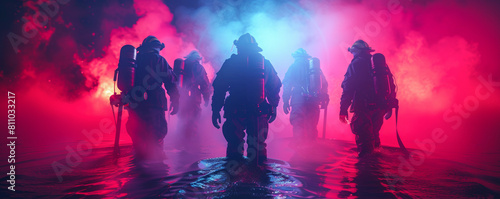 Firefighter team goes to flame to battle fire at night. Crew prepares to confront inferno threatening to consume landscape. Precision and skill. photo