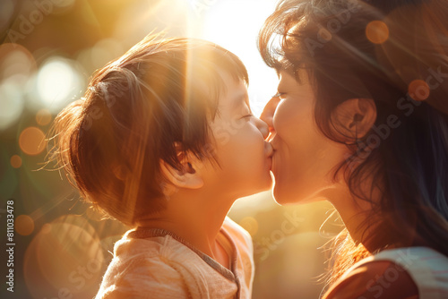 Warm sunlight bathes a happy ethnic mother and son as they share kisses and laughter on Mother's Day.