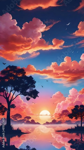 illustration of a sunset in backlight  natural panorama