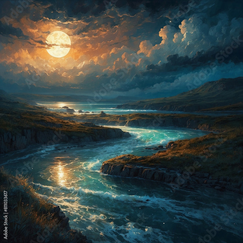 Majestic Full Moon Over Serene River Landscape at Twilight