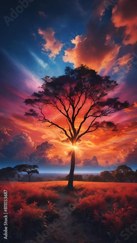 illustration of a sunset in backlight, natural panorama