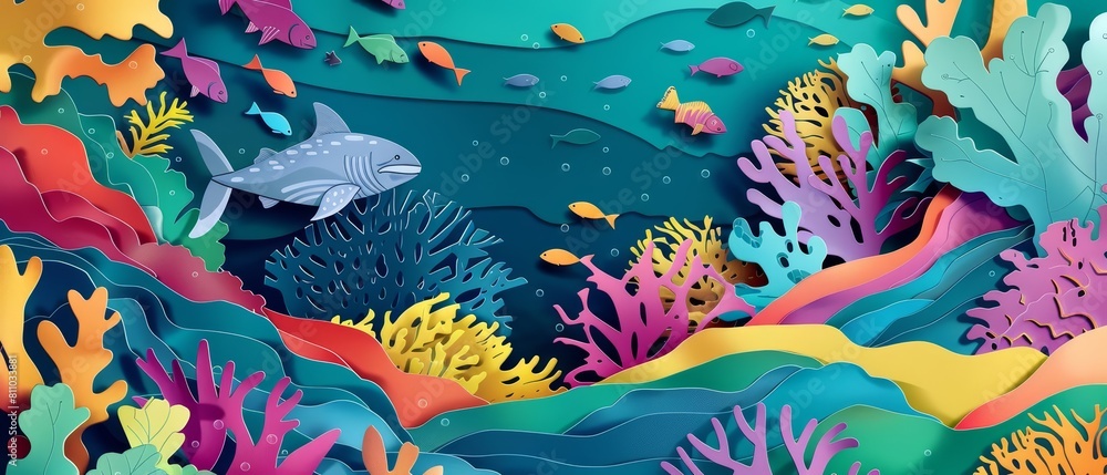 Creative and colourful paper art of a coral reef teeming with marine life, crafted in paper cut styles and a cyberpunk 80s color banner sharpen with copy space Creative and colourful paper art of a coral reef teeming with marine life, crafted in paper cut styles and a cyberpunk 80s color banner sharpen with copy space