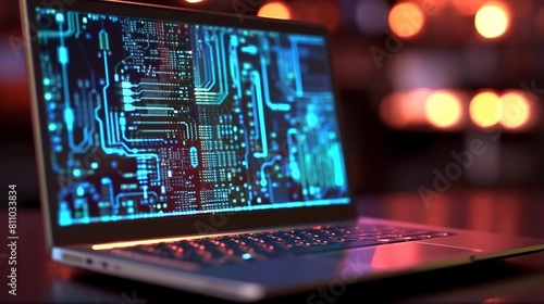 Close-up of laptop with circuit on screen. Technology concept. 3D Rendering © KRIS