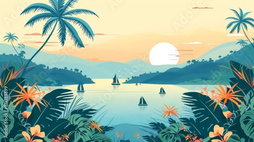 Southeast Asian landscape with traditional jungle and plants in front and islands, sea and yachts in the background. Retro travel poster hand-drawn modern illustration.