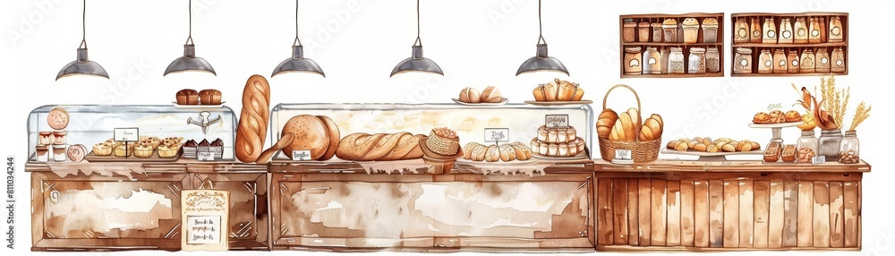Cute watercolor of a charming bakery, with freshly baked bread and pastries on display in cyberpunk styles, clipart kawaii watercolor on white background