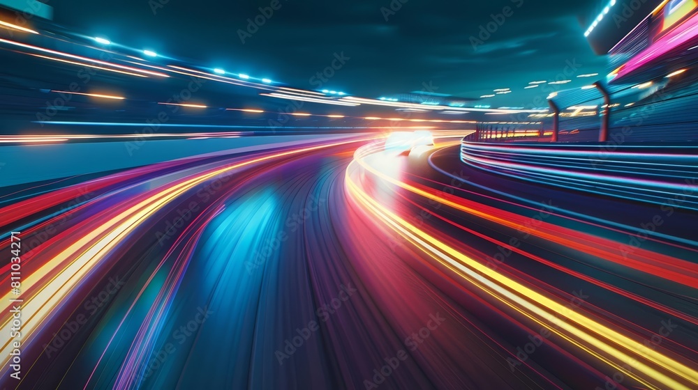 Depict a motorsports track without a crowd, where the silence is broken only by the light trails of autonomous cars zooming by, equipped with copy space Depict a motorsports track without a crowd, where the silence is broken only by the light trails of autonomous cars zooming by, equipped with copy space