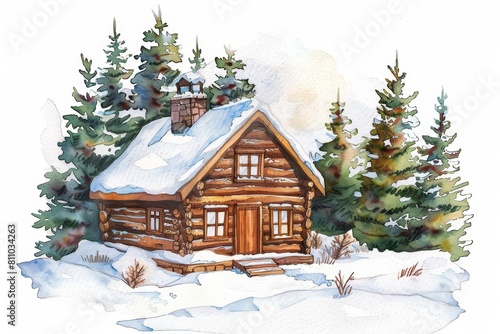 Cute watercolor of a snowcovered log cabin, nestled in a winter forest in kawaii styles, clipart kawaii watercolor on white background © JK_kyoto