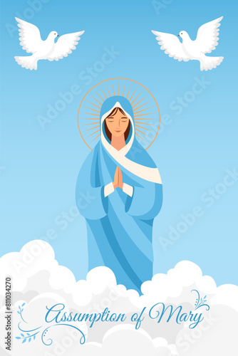 Assumption of Mary. Blessed Virgin Mary in Heaven, flying doves, calligraphic signature with decorative plant elements in flat style.Religious vector illustration