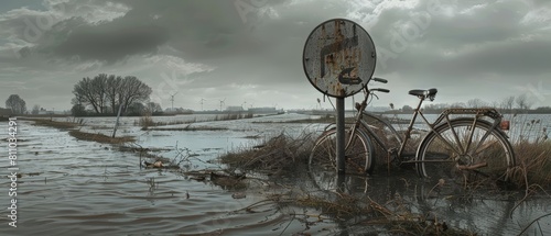 Derelict bicycles lean against a submerged street sign, halfcovered by the rising waters of a silent lake, under the foreboding grey skies of a changed world photo