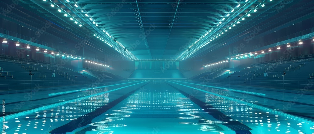 Discover a swimming pool in a stadium setting, illuminated by underwater LEDs that reflect a spectral dance on the surface, serene and futuristic with copy space Discover a swimming pool in a stadium setting, illuminated by underwater LEDs that reflect a spectral dance on the surface, serene and futuristic with copy space