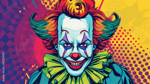 Pop art concept clown. Colorful background in pop art retro comic style.