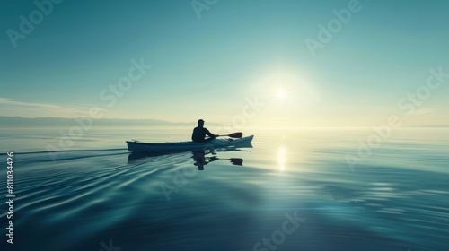 The abstract concept of solitude is illustrated through a canoe paddled by a man lost in the sea.