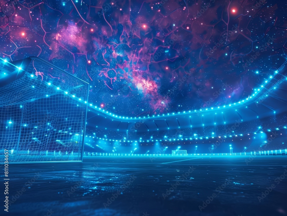 Envision an atmospheric, deserted football stadium under a starry sky with advanced, holographic goalposts and vibrant LED surroundings, including copy space Envision an atmospheric, deserted football stadium under a starry sky with advanced, holographic goalposts and vibrant LED surroundings, including copy space