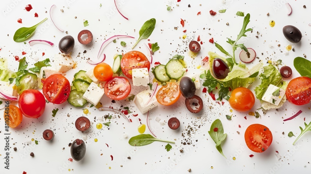 Explore a fresh blend of Greek Salad artistically arranged on a pure white background, capturing the essence of vibrant health in a stunning visual symphony Explore a fresh blend of Greek Salad artistically arranged on a pure white background, capturing the essence of vibrant health in a stunning visual symphony