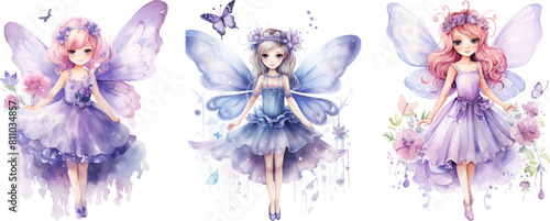 Watercolor clipart with fairy wearing a purple dress 

