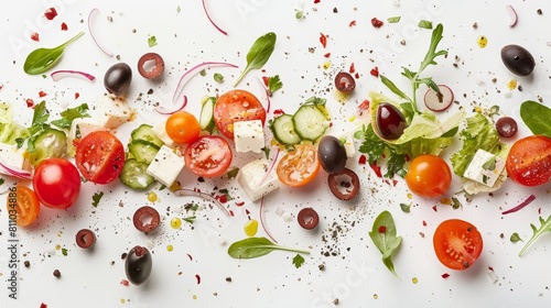 Explore a fresh blend of Greek Salad artistically arranged on a pure white background, capturing the essence of vibrant health in a stunning visual symphony