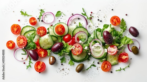 Explore a fresh blend of Greek Salad artistically arranged on a pure white background, capturing the essence of vibrant health in a stunning visual symphony © JK_kyoto
