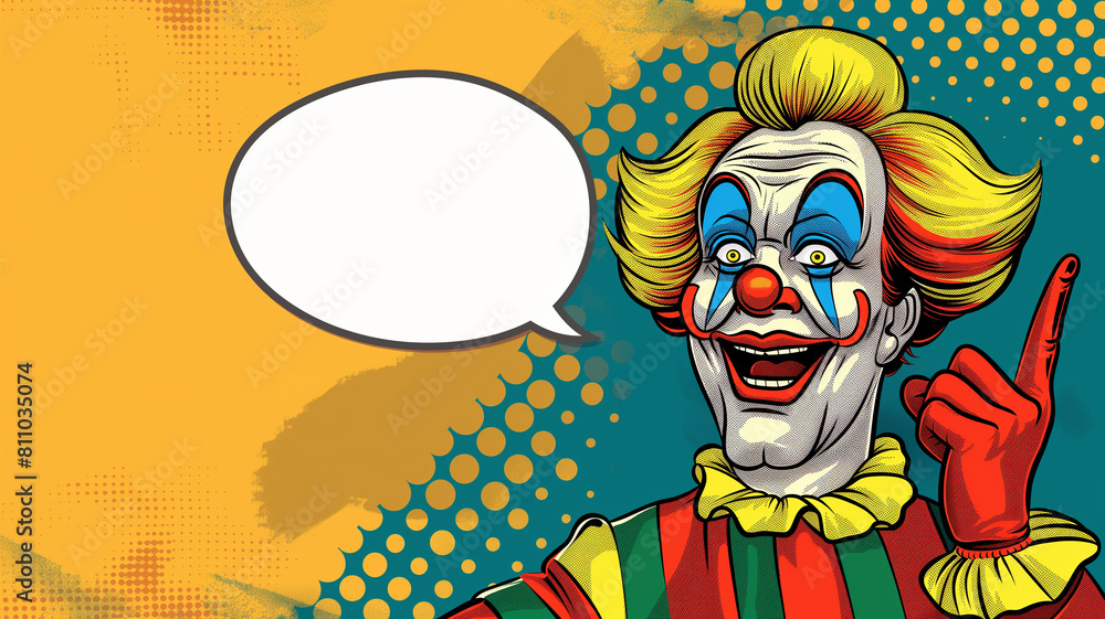 Pop art concept. Pop art clown with open smile and hand pointing on empty speech bubble. Colorful background in pop art retro comic style. Pop art concept. Pop art clown with open smile and hand pointing on empty speech bubble. Colorful background in pop art retro comic style.