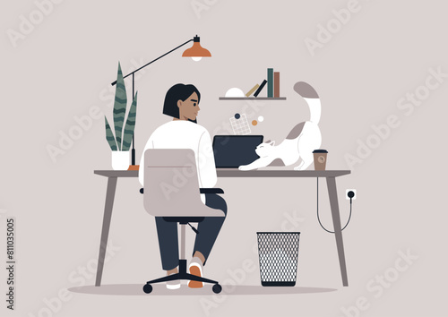 Serene Home Office Moment With a Cat Companion, a character working at their desk with the cat stretching beside the computer