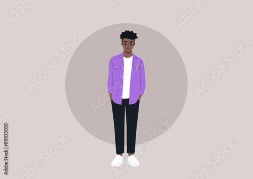 Serene Stance, Casual Elegance, A person stands poised in a stylish mauve shirt paired with crisp white pants