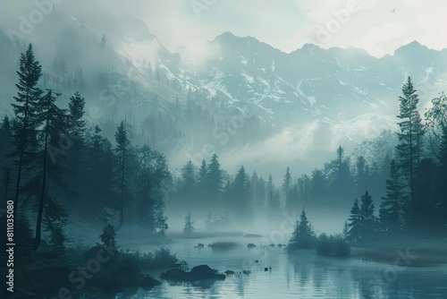 Fantasy landscape of an ancient taiga, rendered in minimal styles, unveiling a mysterious and ethereal environment, banner sharpen with copy space photo