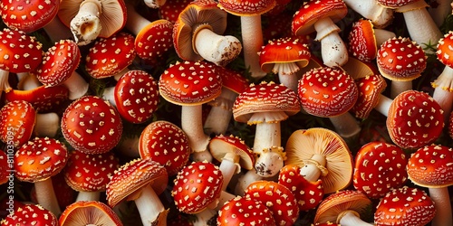 A group of red and white mushrooms. photo