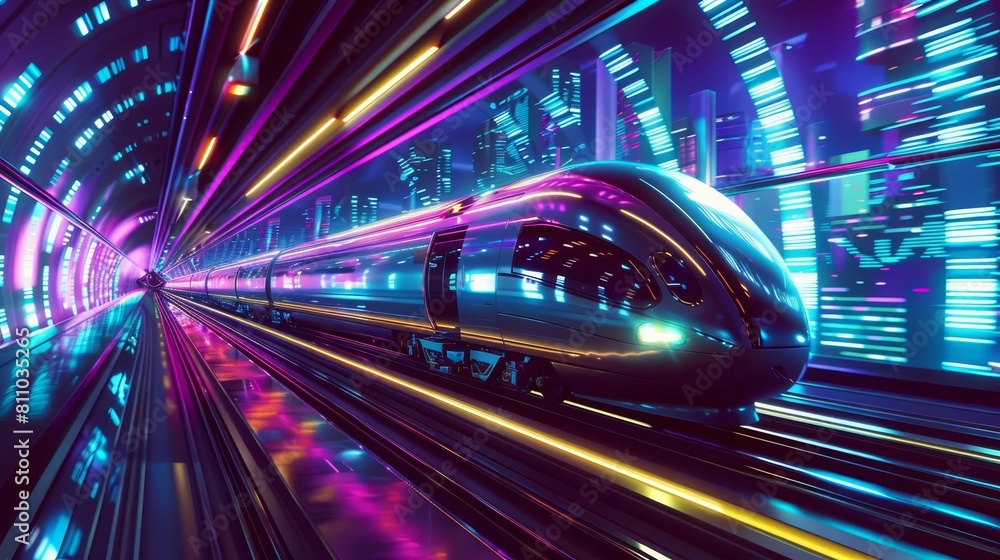 Futuristic illustration Pop art color of a highspeed train zooming through a neonlit tunnel, with a futuristic cityscape in the background, synth wave banner template Futuristic illustration Pop art color of a highspeed train zooming through a neonlit tunnel, with a futuristic cityscape in the background, synth wave banner template
