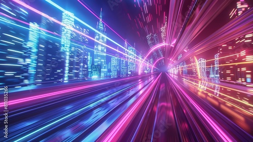 Futuristic illustration Pop art color of a highspeed train zooming through a neonlit tunnel  with a futuristic cityscape in the background  synth wave banner template