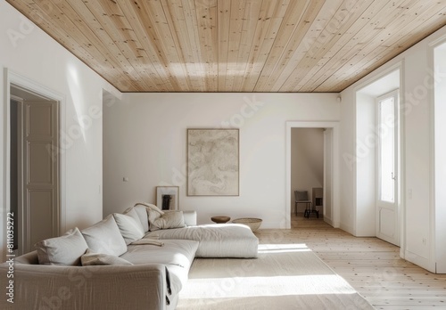 Minimalist living room with white walls, wooden ceiling and light grey sofa. The room has a minimalist aesthetic with white walls and a light grey sofa