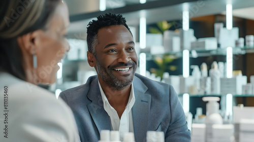 A professional man smiles during a skincare consultation in a modern beauty store, emphasizing a focus on personal grooming and customer care