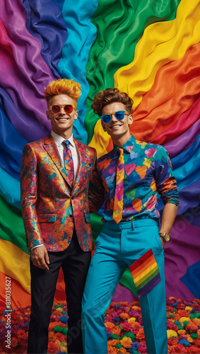 Portrait of a beautiful happy smiling gay couple on a pride themed background