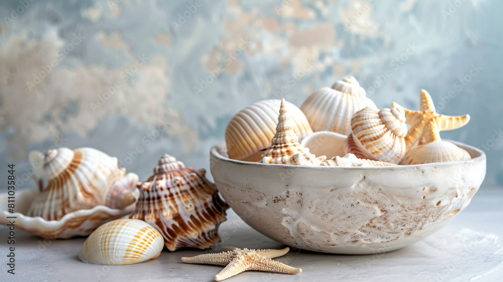 Bowl with different sea shells on white table