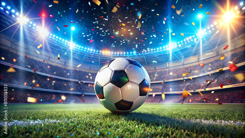 Close up of a soccer ball in the center of the stadium  with flying confetti