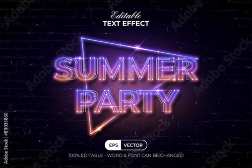 Summer Party Text Effect Neon Light Style. Editable Text Effect.
