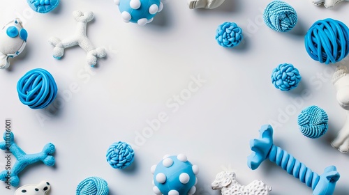A group of blue and white dog toys on a white background.