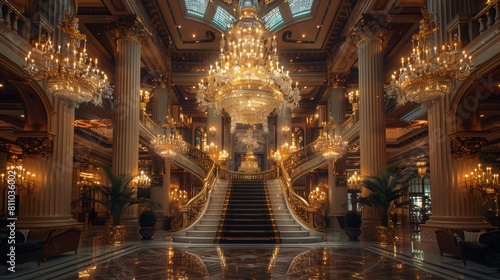 luxurious lobby featuring grand chandelier hanging from high ceiling, showcasing opulent interior design photo