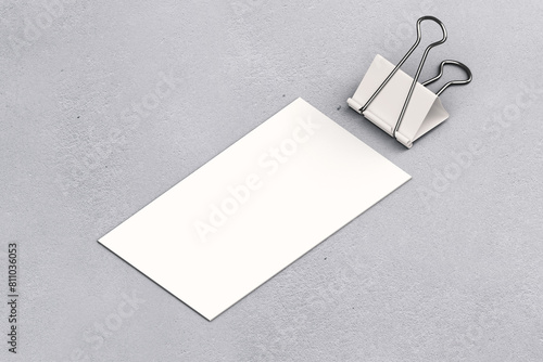 Mockup of business professional stationery business card. Blank empty white card. High angle. Isometric.