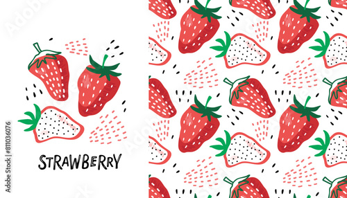 Strawberry hand drawn doodle sketch illustration and seamless background. Vector Food template for sticker, logo, diet concept, farmers market. Sketch illustration of healthy berry. Red strawberries.
