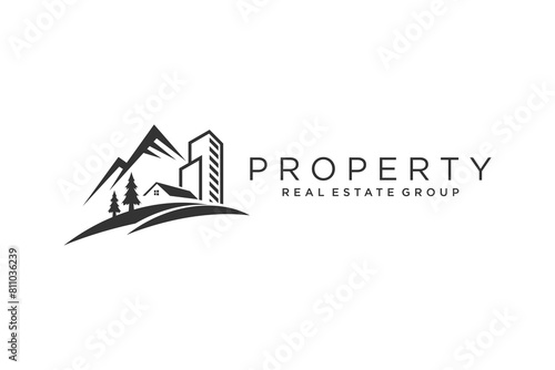 Residential property business logo design, with views of hill and mountain villages, house roof elements and skyscrapers.