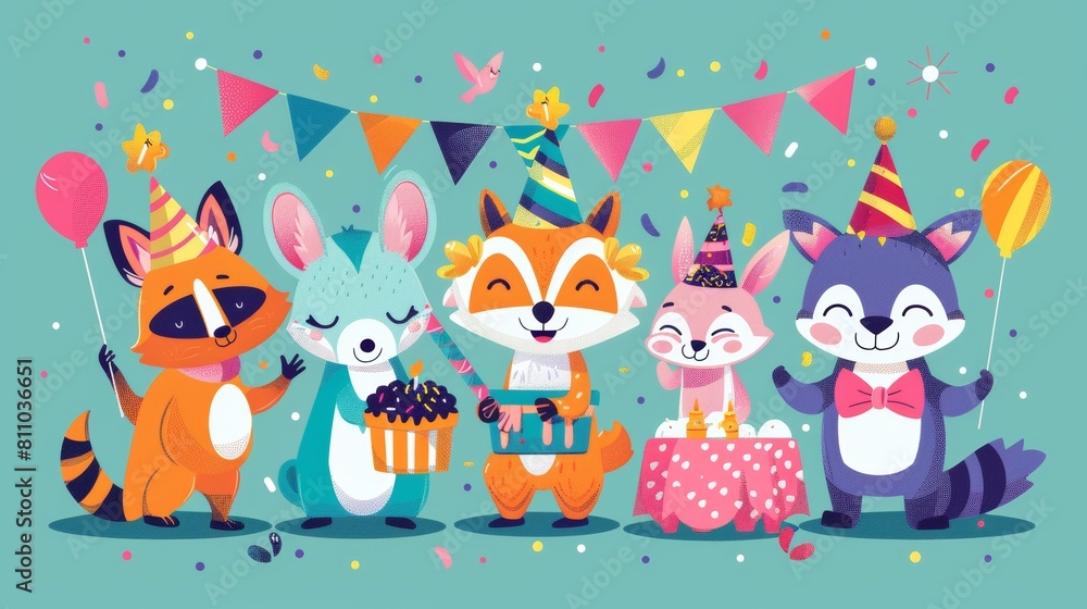 Funny Color Characters Birthday Party Concept Flat Design Style for Greeting Card or Invitation. Modern Illustration.