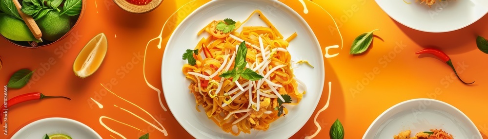 Marvel at the delicate arrangement of Pad Thai, presented in an illustration template that blends traditional Thai flavors with contemporary food styling Marvel at the delicate arrangement of Pad Thai, presented in an illustration template that blends traditional Thai flavors with contemporary food styling