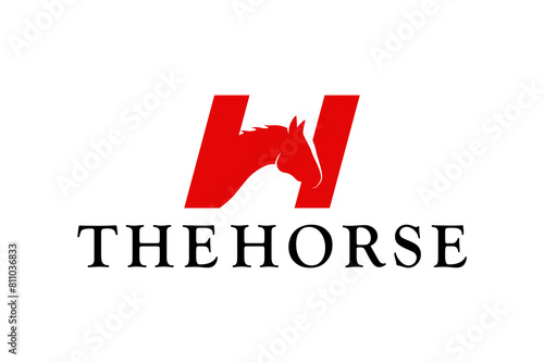 Letter H logo design with center shape of horse head, horse racing sport, horse breeding.