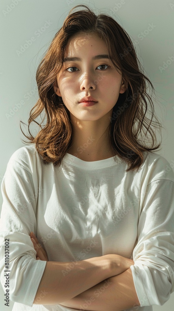 30 year old korean woman standing, simple style 30 year old korean woman standing, simple style