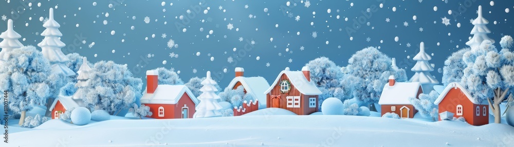 Paper Effect greeting card concept illustration of a snowy winter village on Christmas Day, rendered in solid color with a synthwave color banner template